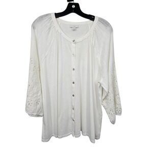 J Jill Scoop Neck Embroidery Sleeve Top Women LG White Eyelet Tencel Cotton Boho